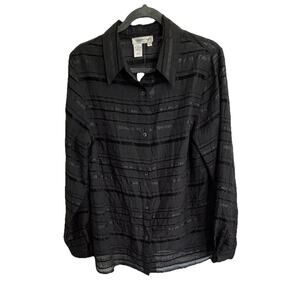Coldwater Creek Sheer Chiffon Black Blouse Crinkle Fabric Black Velvet Stripe